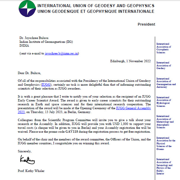 Dr. Jayashree Bulusu has been awarded the IUGG Early Career Scientist Awards 2023